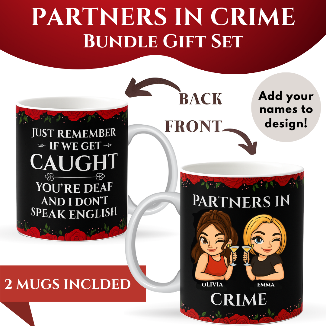 PARTNERS IN CRIME (Personalised) | Bundle Gift Set, Two Mugs Included For Each Bestie